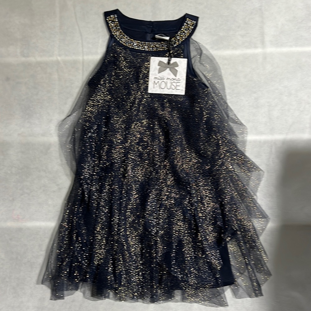 Moss Mona Mouse little girls glitter mesh cascade dress w jeweled neck size 4